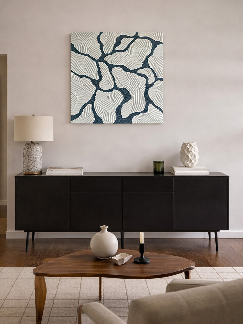 organický obraz s motivem přírody, kořenů v krémové, černé barvě do moderních interiérů