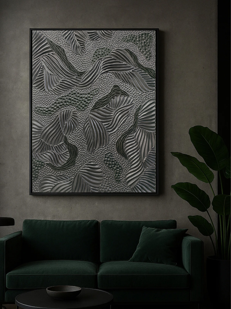 stříbrný, šedý, minimalistický strukturální obraz s přírodními motivy