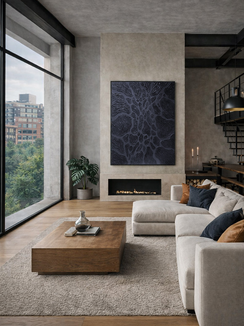 abstrakce v tmavě modré, antracité barvě, strukturální tmavý obraz, obraz do loftu, industriální interiér