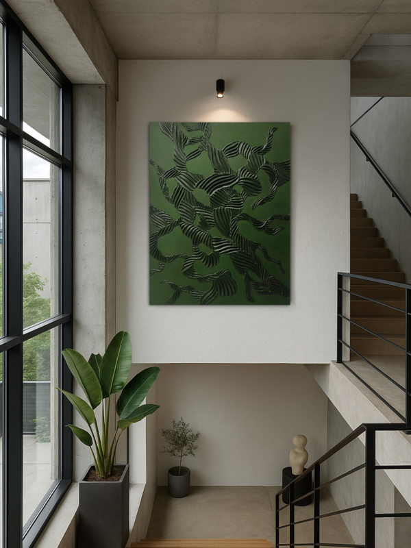 olivový obraz, obraz s kořeny, minimalistický obraz, tmavě zelený obraz