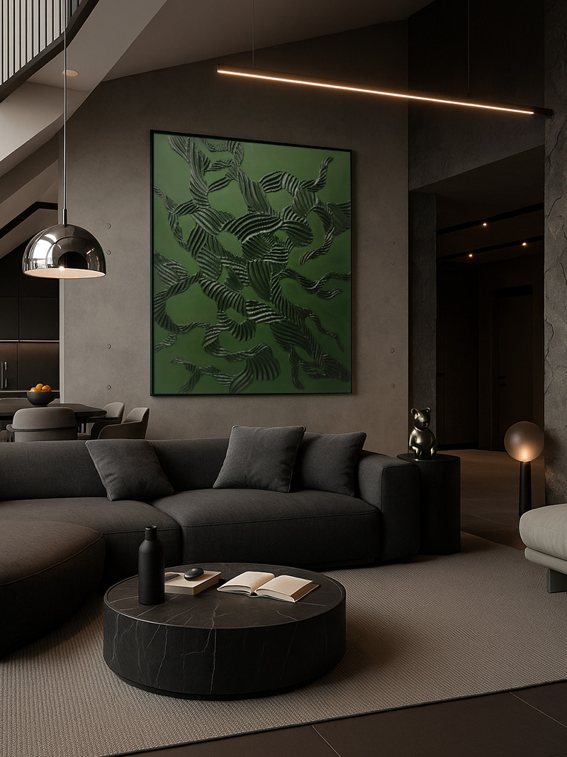 olivový obraz, obraz s kořeny, minimalistický obraz, tmavě zelený obraz